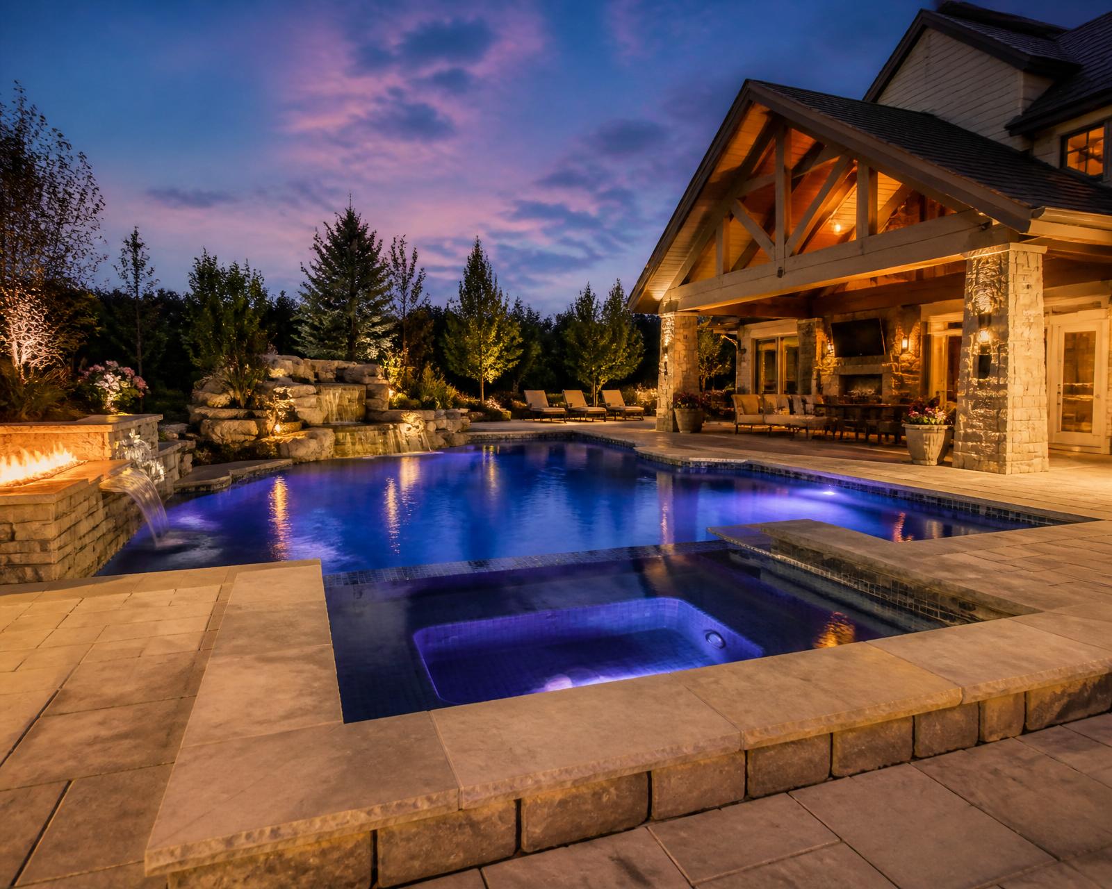 Custom luxury pool installation at dusk with stone hardscape patio